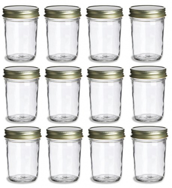 NMS 8 Ounce Glass Regular Mouth Tapered Canning Jars - Case of 12 - With Gold Lids