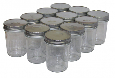 NMS 8 Ounce Glass Regular Mouth Tapered Canning Jars - Case of 12 - With Silver Lids