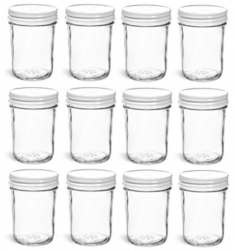 NMS 8 Ounce Glass Regular Mouth Tapered Canning Jars - Case of 12 - With White Lids