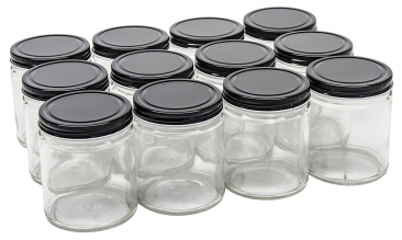 NMS 9 Ounce Glass Straight Sided Mason Canning Jars - With 70mm Black Metal Lids - Case of 12