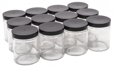 NMS 9 Ounce Glass Straight Sided Mason Canning Jars - With 70mm Black Plastic Lids - Case of 12