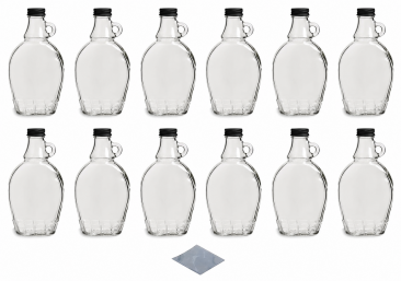 NMS 8 Ounce Glass Maple Syrup Bottles with Loop Handle & Black Metal Lids & Shrink Bands - Case of 12