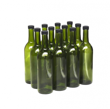 North Mountain Supply - 750ml Clear Glass Bordeaux Wine Bottle Flat-Bottomed Screw-Top Finish - with 28mm Black Plastic Lids - Case of 12 - Champagne Green