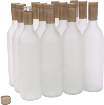 North Mountain Supply 750ml Glass White Frosted Wine Bottles with Twist-N-Seal Capsules (Gold)- Case of 12