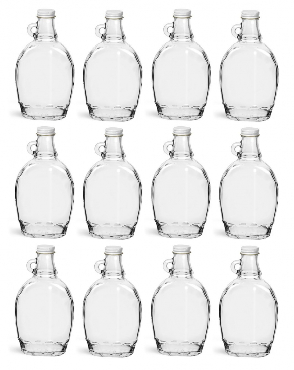 NMS 12 Ounce Glass Maple Syrup Bottles with Loop Handle & White Metal
